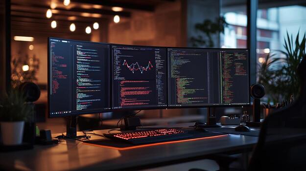 Triple Monitor Workstation Displaying Code and Graph photo