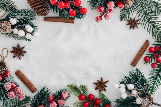 Winter scene of green tree branches with red berries on snowy background. Christmas and New Year concept. Creative festive holiday backdrop. Border arrangement. Top view banner. Copy space. photo