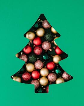 Winter layout with Xmas baubles visible through a Christmas tree shaped gap on green background. Minimal Christmas and New Year concept. Creative festive holiday layout. Flat lay, top view. photo
