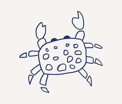 Whimsical hand drawn line art of crab featuring distinct spots and claws, playful design. The crab appears poised, reflecting a lighthearted sea theme outline illustration vector