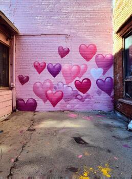 A pink building with hearts painted on it photo