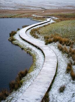 A wooden boardwalk that is in the snow photo