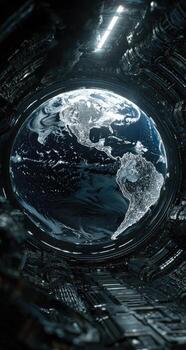 A futuristic spaceship with a view of the earth photo