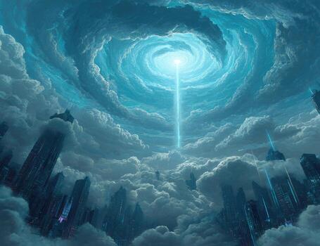 An image of a city in the clouds with a light shining through photo