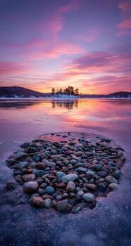 A frozen lake with rocks and a heart shape in the middle photo