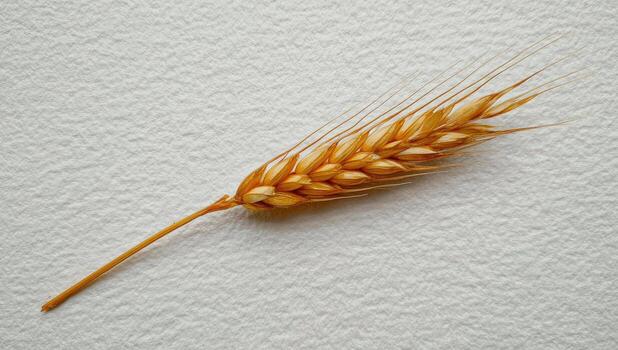 A single ear of wheat on a white surface photo