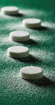 un fila de blanco pastillas en un verde superficie foto