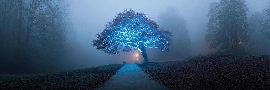 A tree with blue lights on it in the fog photo