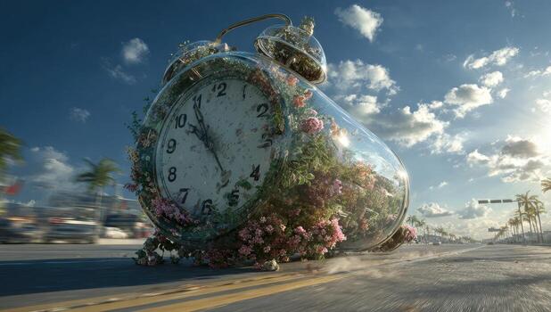 A clock with flowers growing out of it on the road photo