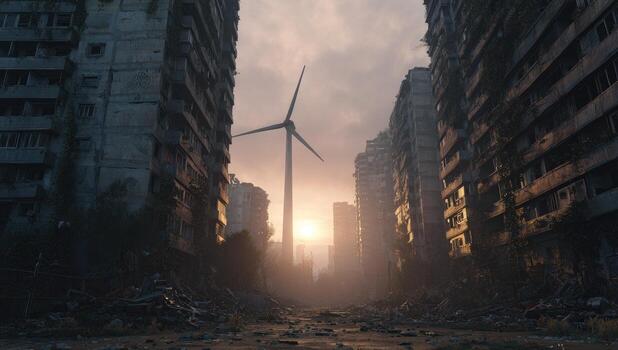A wind turbine stands in the middle of an urban area photo