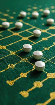 A green table with white pills on it photo