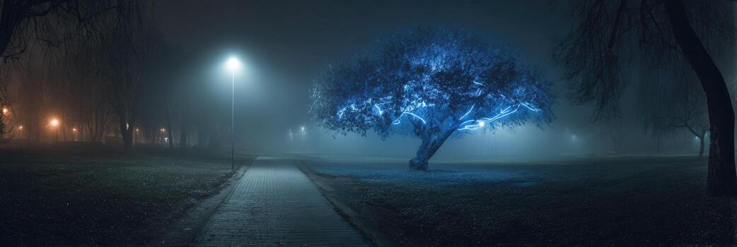 A tree in the middle of a park at night photo