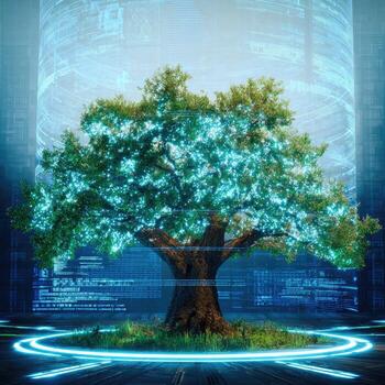 A tree with glowing lights in front of a computer screen photo