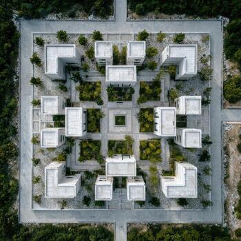 An aerial view of a square building surrounded by trees photo