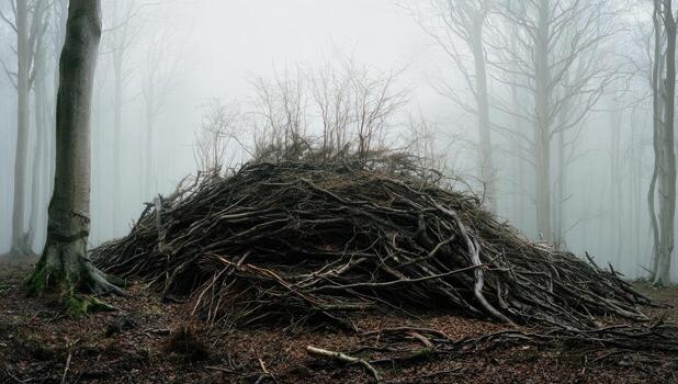 A pile of sticks in the middle of a forest photo