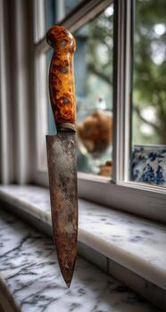 A knife that is on a window sill photo