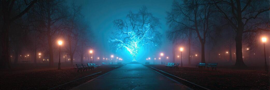 A path in the middle of a park with trees and a light photo