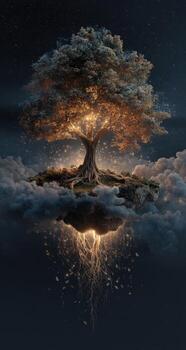 A tree on an island with clouds and stars photo