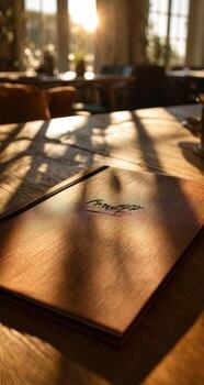 A wooden table with a menu on it photo
