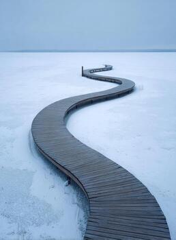 A long wooden path that is covered in snow photo