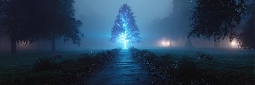 A tree in the middle of a foggy park photo
