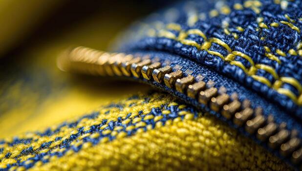 Close up of a zipper on a blue and yellow sweater photo