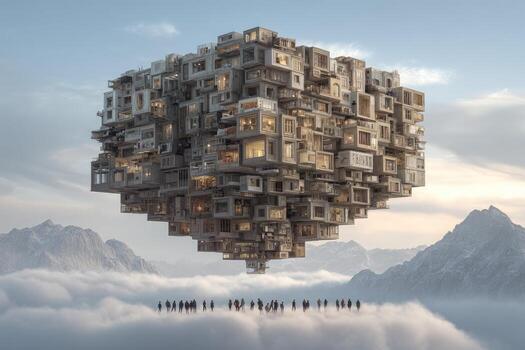 A large building made of cubes floating in the sky photo