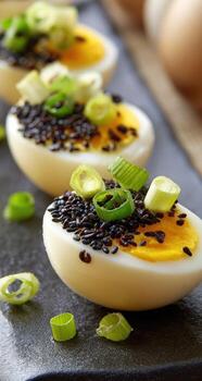 Deviled eggs with black sesame seeds and green onions photo