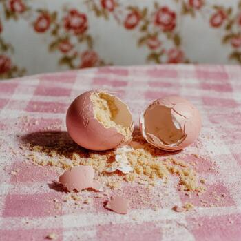 A broken egg on a pink tablecloth photo