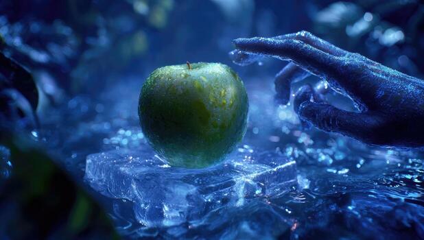 A hand reaching for an apple on an ice block photo