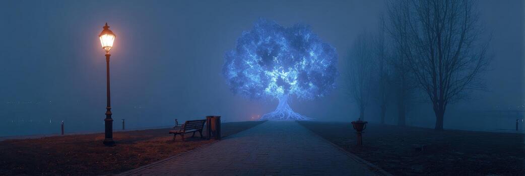 A tree in the fog with a light post photo