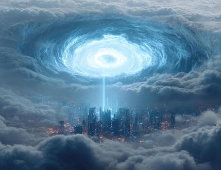 A city in the clouds with a giant hole in the sky photo