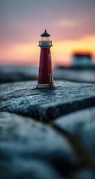 A miniature lighthouse sits on the edge of a dock photo