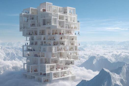 A building made of white cubes in the clouds photo