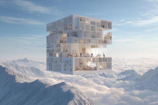 A house floating above the clouds in the sky photo