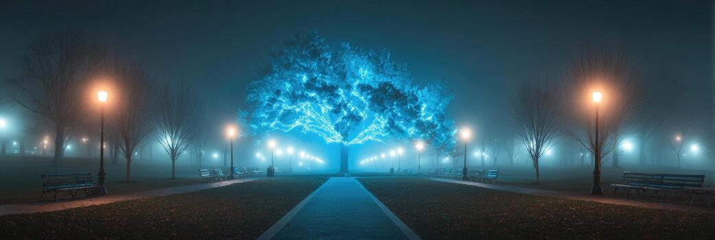 A tree in the middle of a park with a light on it photo