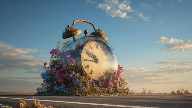 un reloj con flores en parte superior de eso en el medio de un la carretera foto