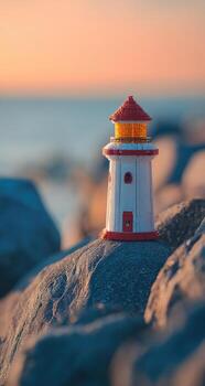 A miniature lighthouse on a rock by the ocean photo