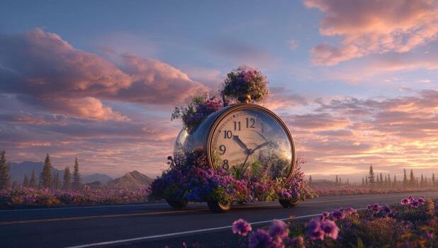 un reloj con flores en el la carretera foto