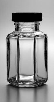 A glass jar with a black lid on a table photo