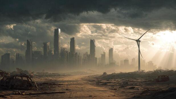 A city with a wind turbine in the middle of it photo