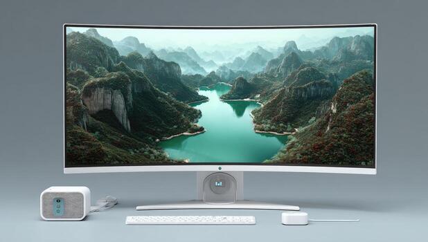 A computer monitor with a keyboard and mouse on a table photo