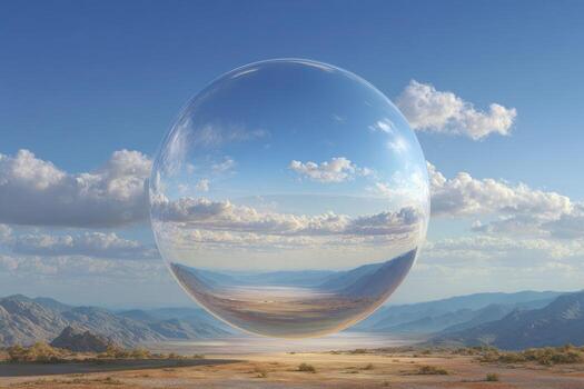 A large sphere is floating in the middle of a desert photo