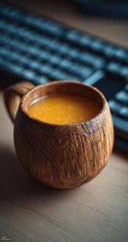 A wooden bowl with a spoon of soup on a table photo