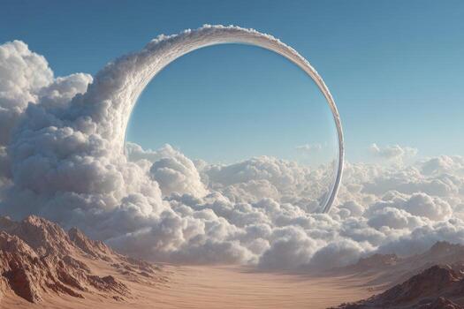 A large white circle in the sky above a desert photo