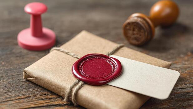 A wax seal sits on top of a brown paper package photo
