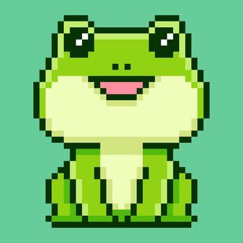 A cheerful pixel art frog with big, bright eyes and a happy smile, designed in a 8-bit retro gaming aesthetic. This charming amphibian sprite is ideal for a fun and quirky mascot vector