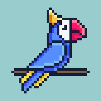 A colorful pixel art parrot perched on a branch, designed in a classic 8-bit retro game style. This exotic bird sprite is perfect for jungle adventure themed or as a digital mascot vector