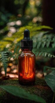 A bottle of essential oil sitting on a rock in the forest photo