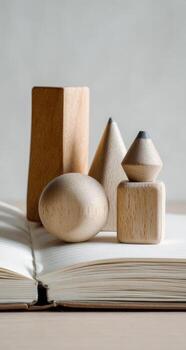 Wooden toys on a book with a white background photo